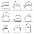 Set of flat design vector images of vintage kettle drawn in art line style