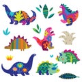 Set with flat dinosaurs silhouette and plants inside