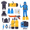 Set of flat elements for spearfishing diving underwater protective sea diver equipment vector professional hunter tools.