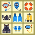 Set of flat elements for spearfishing diving underwater protective sea diver equipment vector professional hunter tools.