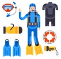 Set of flat elements for spearfishing diving underwater protective sea diver equipment vector professional hunter tools.