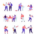 Set of Flat Drinkers and People Playing with Water Guns Characters. Cartoon Alcohol Addiction, Drunk Men Royalty Free Stock Photo