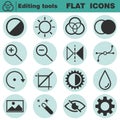 Set of flat editing icons. Contrast, brightness, hue, color, filter, curve, levels symbols.