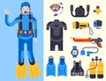 Set of flat elements for spearfishing diving underwater protective sea diver equipment vector professional hunter tools.