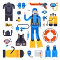 Set of flat elements for spearfishing scuba diving underwater protective sea diver equipment vector professional hunter