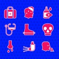 Set Flat foot, Inhaler, Vomiting man, Skull, Runny nose, Stethoscope, Eye drop bottle and First aid kit icon. Vector Royalty Free Stock Photo