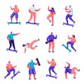 Set of Flat Girls and Boys Skateboarding Characters. Cartoon People Teenagers Male and Female Riding Skate Board