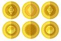 Set of flat golden coin with bitcoin ethereum sign back and front side. Vector Illustration isolated on white