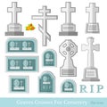 Set of flat grave and crosses different style for cemetery vector Royalty Free Stock Photo