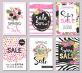 Set of flat and hand drawn spring cards and labels for season sale, fashion discounts, promotional flyers and posters