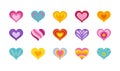 Set of flat hearts icons isolated on white background. Cute vector illustrations in bright colors for stickers