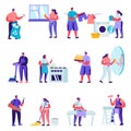 Set of Flat Householders Characters Cleaning