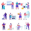 Set of Flat Householders Characters Cleaning Home Characters. Cartoon People Everyday Routine, Specialists