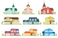 Set of flat icon suburban american houses and churches. Royalty Free Stock Photo