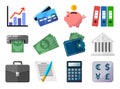 Set of flat icons, business, finances, money and payment concept, analysis and stats, credit plastic card, piggy bank