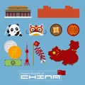 Set of flat icons of Chinese architecture, food, traditional symbols.