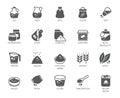 Set of 20 flat icons on cookery theme. Ingredients for cooking and kitchen accessories. Vector illustration