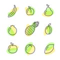 Set flat icons of fruits drawing lines on a white background