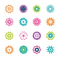 Set of flat icons of multicolored decorative flowers isolated on white. Cute bright flowers for stickers, postcards, banners,