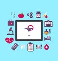 Set flat icons of objects medicine and chemical laboratory, concept of healthcare system Royalty Free Stock Photo