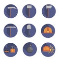 Set of flat icons with shadows of construction tools in blue circles: helmet, shovel, sledgehammer, ax, pickaxe, dynamite. flat