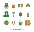 Set of flat icons for St.Patrick`s Day irish holiday. Contains such icons as green beer mug, hop, hat, pot of gold, mustache, fla