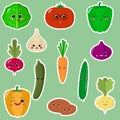 Set of flat icons of vegetable smiles stickers on a green background.