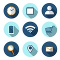 Set of Flat icons for web, vector. Wi-fi flat icon. Shopping basket flat icon. Smartphone flat icon. Location, clock, notebook an Royalty Free Stock Photo