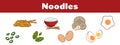 set of flat illustration icons of noodles, egg, green onion, red bowl and chopsticks Royalty Free Stock Photo