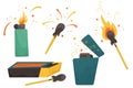 Set with flat illustrations of matches, lighters and matchbox Royalty Free Stock Photo