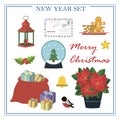 A set of flat illustrations for new year and Christmas. Vector set of isolated images with poissentia, gifts, holiday