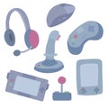 Set of flat illustrations of various joysticks and game consoles. Gaming accessories. Objects separate from the background Royalty Free Stock Photo