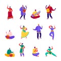 Set of Flat Indian Street Artists Characters. Cartoon People Musicians and Dancers in Colorful Dress Performing Royalty Free Stock Photo