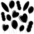 Set of flat isolated black silhouettes of balloons on ropes. Simple design on white background Royalty Free Stock Photo