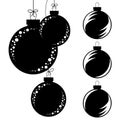 Set of flat isolated black and white silhouettes of Christmas toys balls on a white background. hanging on the rope with a bow Royalty Free Stock Photo