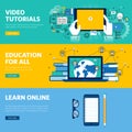 Set of flat line design web banners for distance education, online learning, video tutorials Royalty Free Stock Photo