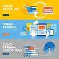 Set of flat line design web banners for online education, online training and courses