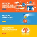 Set of flat line design web banners for online medical education, medical donations Royalty Free Stock Photo