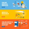Set of flat line design web banners for online medical services and support Royalty Free Stock Photo