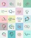 Set of flat linear design speech cloud logos. Talk bubbles, modern geometric industrial thin line icons Royalty Free Stock Photo