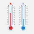 A set of flat mercury thermometers of cold and hot temperature with a double scale of Celsius and Faringate. Isolated vector illus