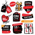 Set of flat modern and hand drawn design sale stickers. Collection of vector illustrations for on line shopping, product promotion