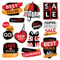 Set of flat modern and hand drawn design sale stickers. Collection of vector illustrations for on line shopping, product promotion