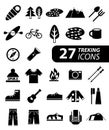 Set of flat monochromatic hiking, trekking and camping icons. Royalty Free Stock Photo