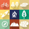 Set of flat monochromatic hiking, trekking and camping icons. Royalty Free Stock Photo