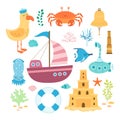 set of flat nautical elements on white Royalty Free Stock Photo