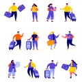 Set of flat people couple family travelling with backpacks characters. Bundle cartoon people tourists travel