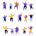 Set of flat people dancing parents with kids characters. Bundle cartoon people happy children dad and mom