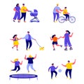 Set of flat people family active holidays characters. Bundle cartoon people parents with kids in various activity Royalty Free Stock Photo