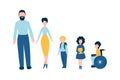 Set of flat people icons - male father man , female mother woman , kids school children , one of them is disabled child on wheelch